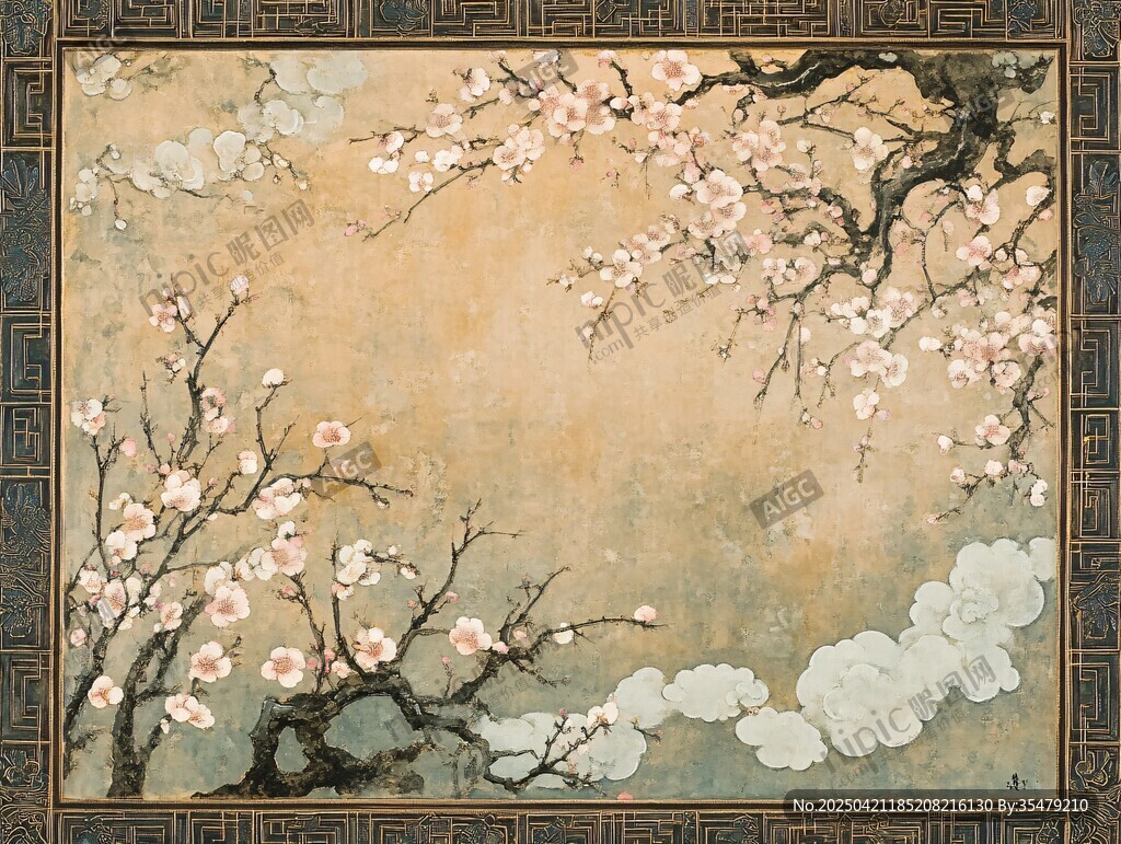 中式古风梅花云纹装饰画