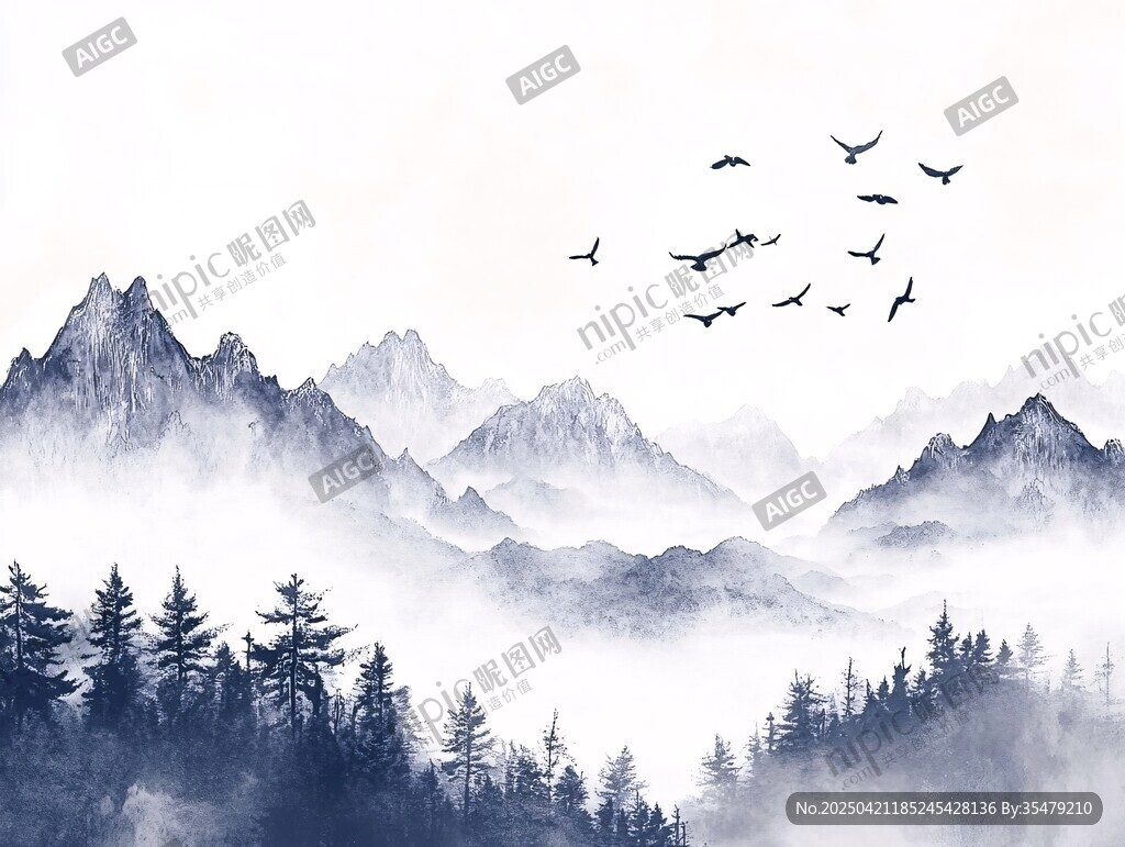 水墨山水间飞鸟翱翔