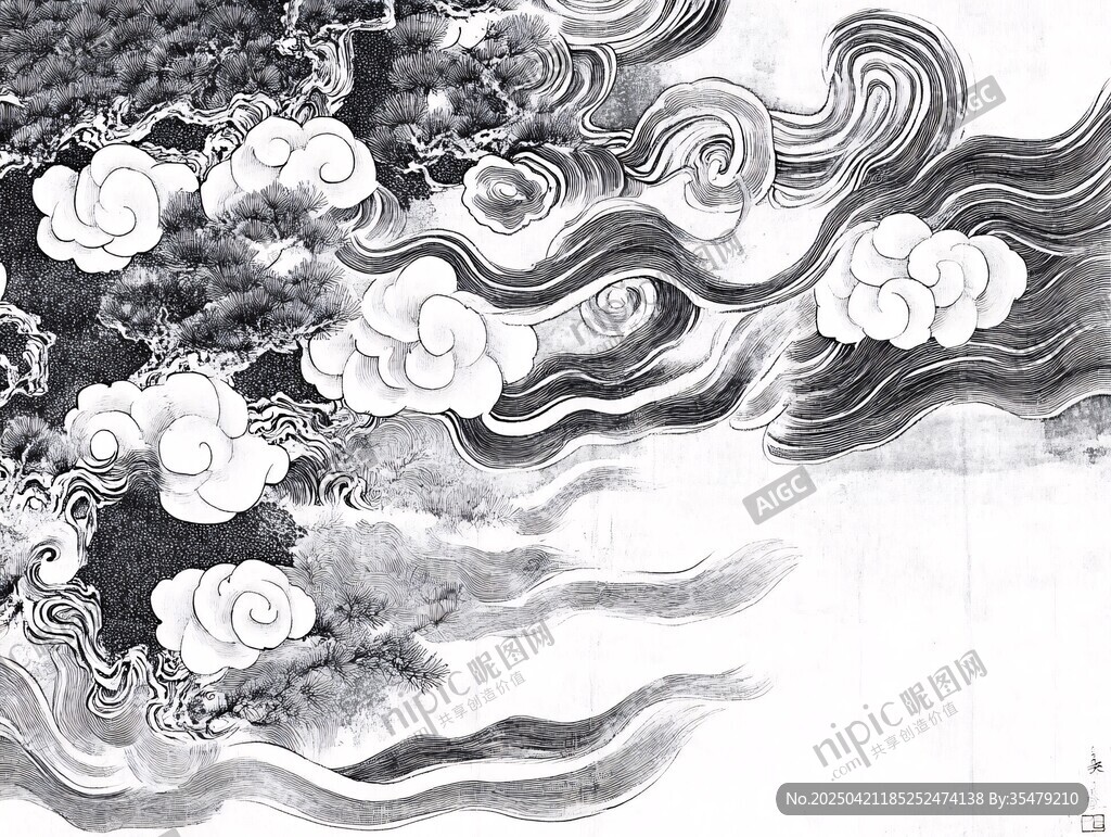 中式云松水墨纹理图案