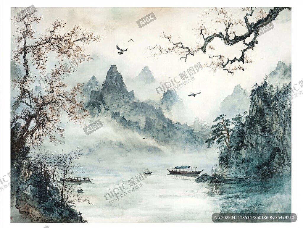 水墨山水间 飞鸟伴舟行