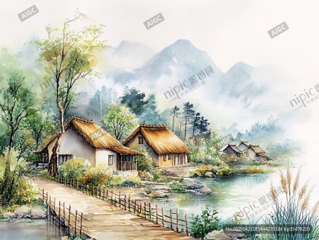 乡村湖畔小屋山水诗意景