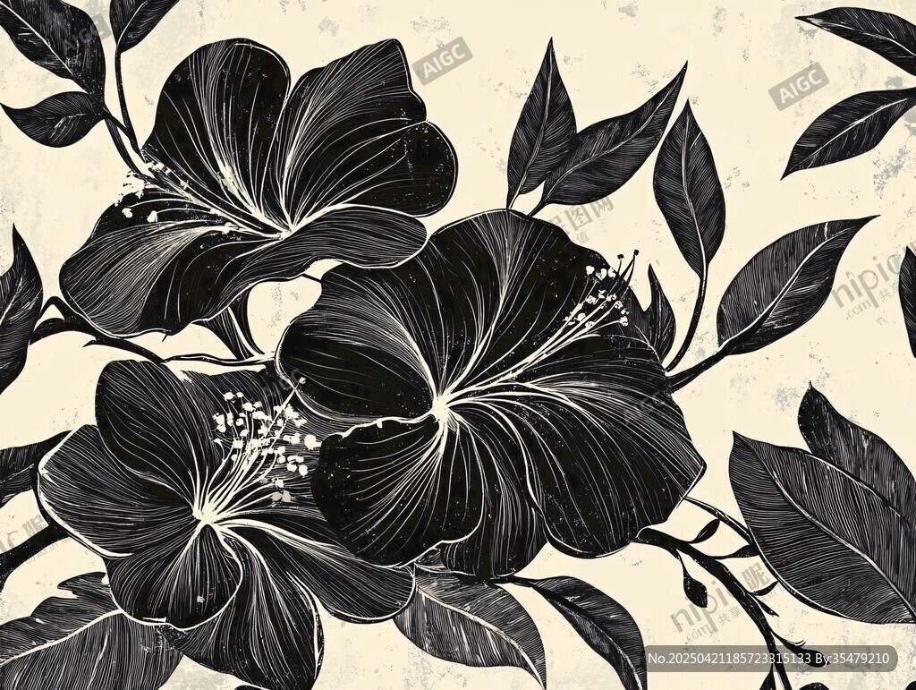 黑白扶桑花复古插画