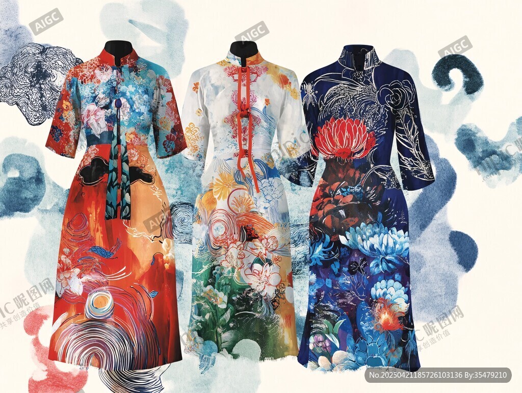 三款国风印花旗袍展示