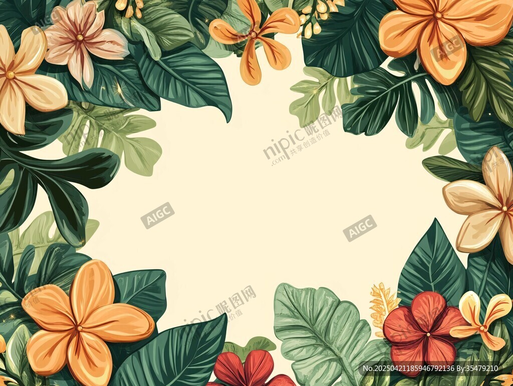 热带花卉绿叶边框背景图