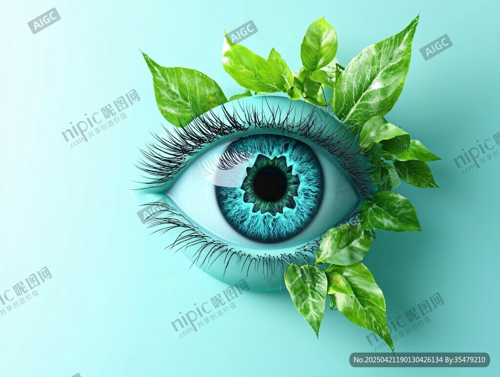 绿叶环绕的梦幻蓝色眼眸
