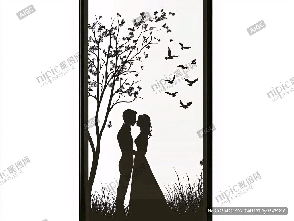 浪漫树下的新婚夫妇剪影