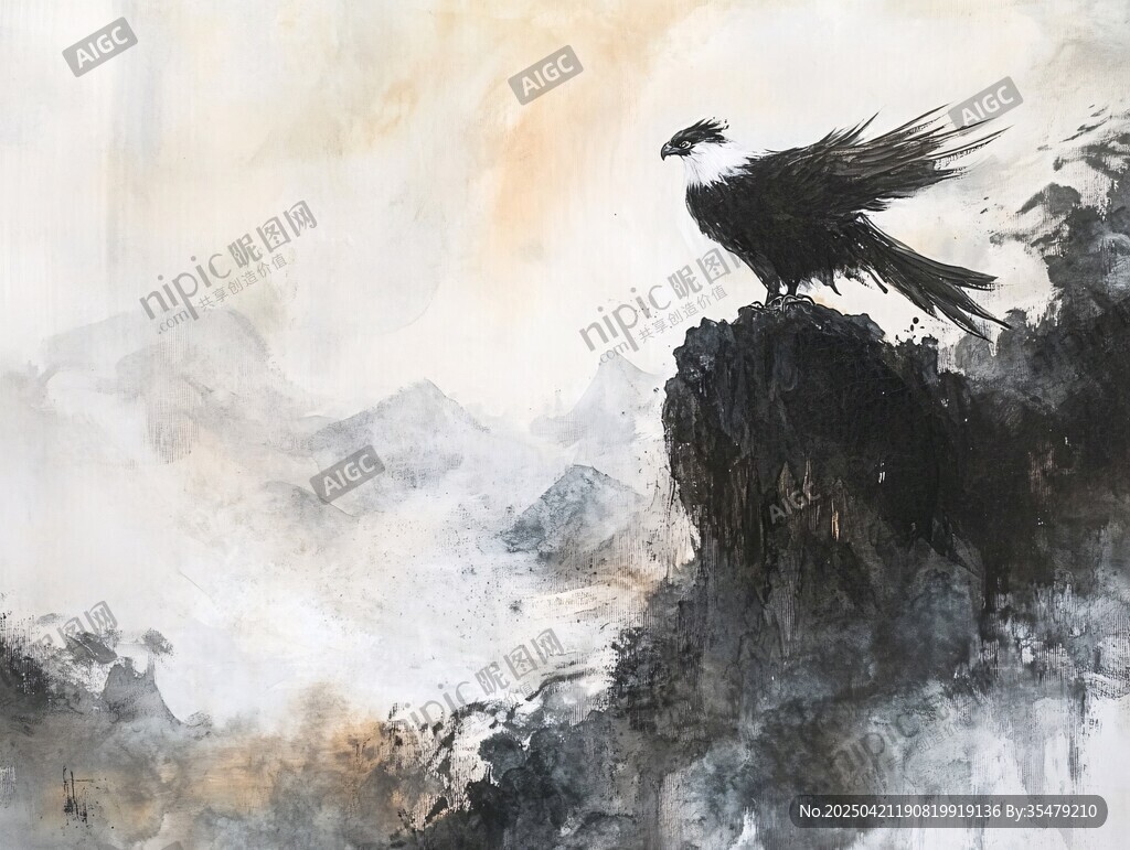 水墨雄鹰立于山峦之巅