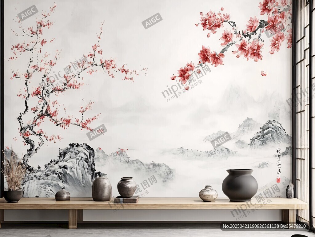 中式梅花山水背景墙装饰