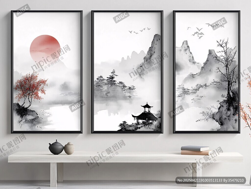 中式山水三联装饰画