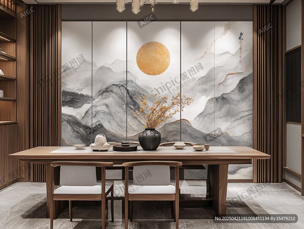 中式茶室 山水壁画显雅致