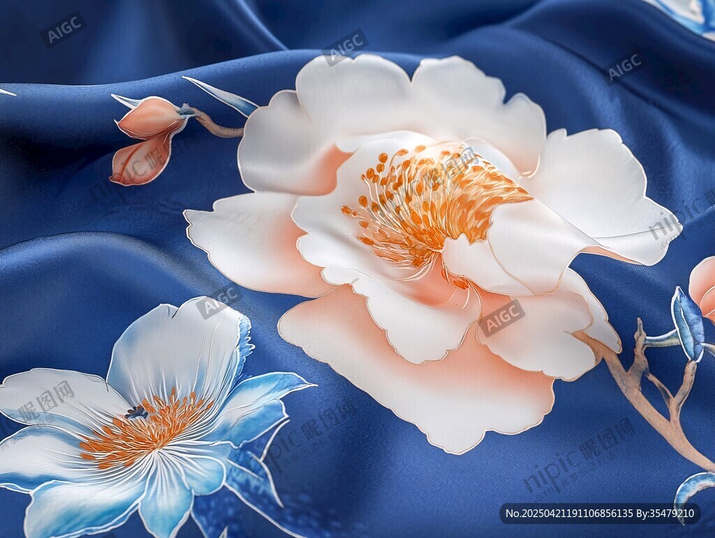 蓝底繁花丝绸图案