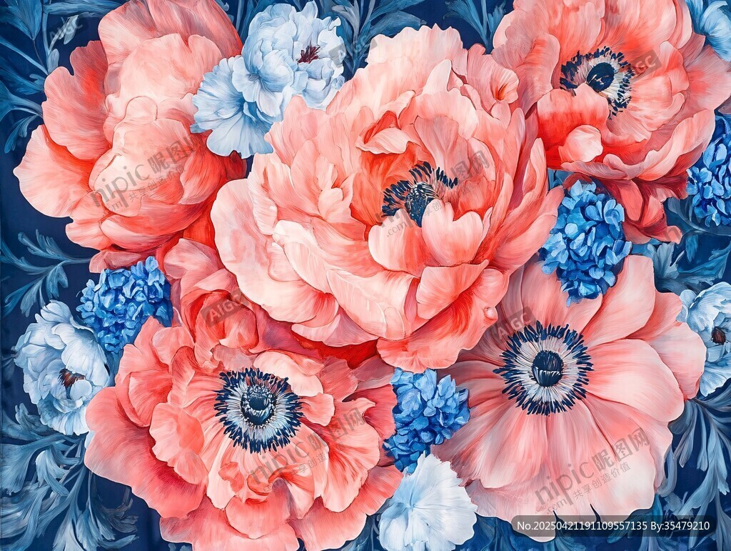 梦幻花卉图案 蓝粉花朵交织