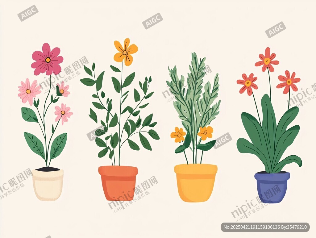 多彩盆栽花卉插画
