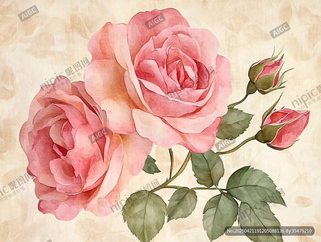 粉色玫瑰花卉水彩插画