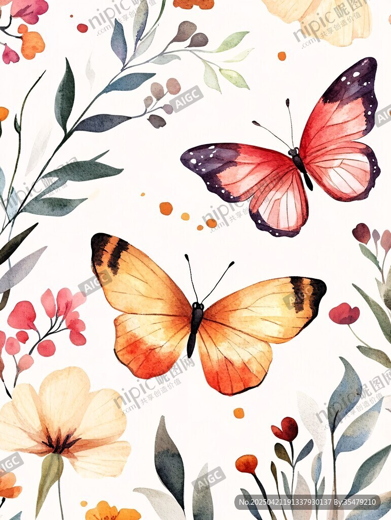 蝴蝶花卉水彩插画图案