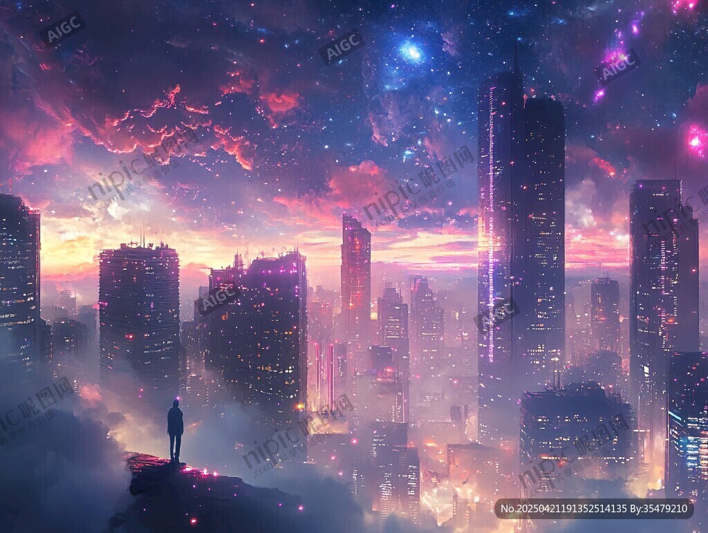 梦幻都市星空下的孤独身影