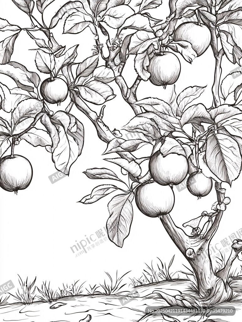 苹果树黑白线稿插画