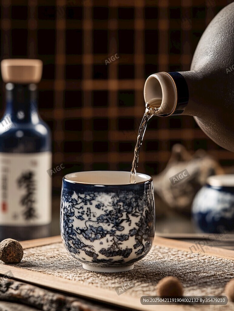 青花瓷杯斟酒古韵悠悠
