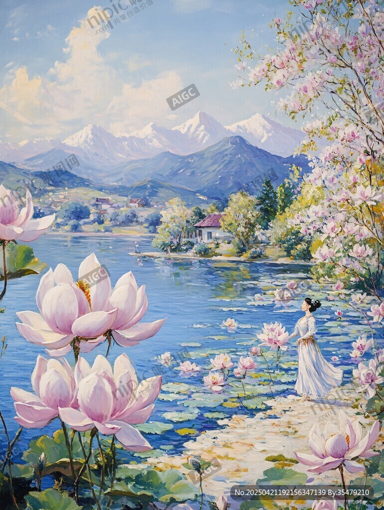 湖畔佳人赏荷诗意美景