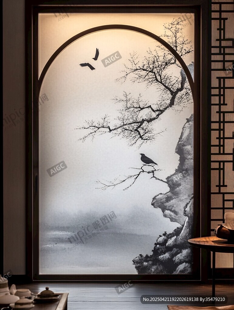 中式禅意屏风山水花鸟图