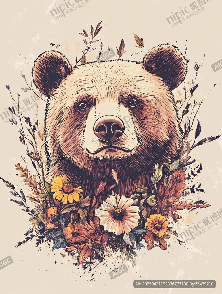 熊与花卉的梦幻插画