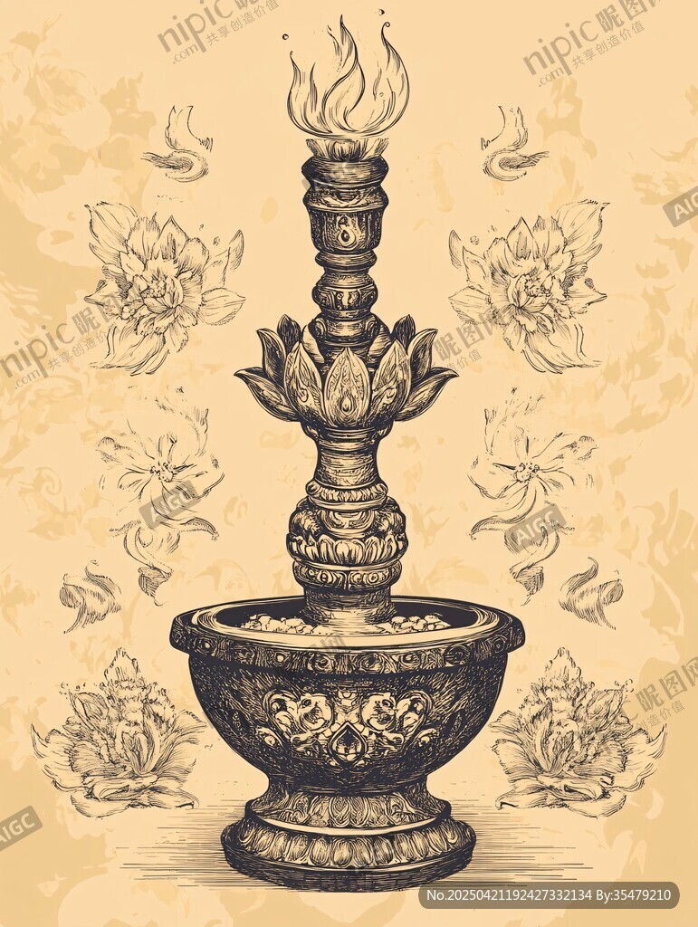 复古莲花烛台插画艺术