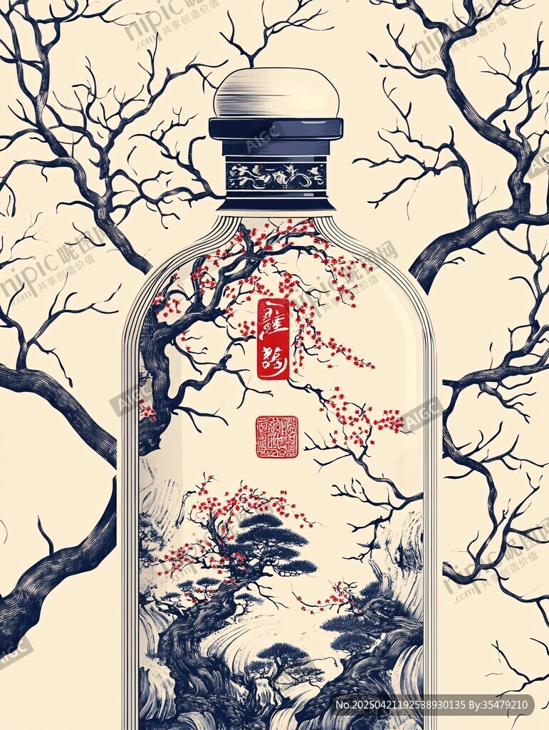 中式风白酒瓶艺术插画
