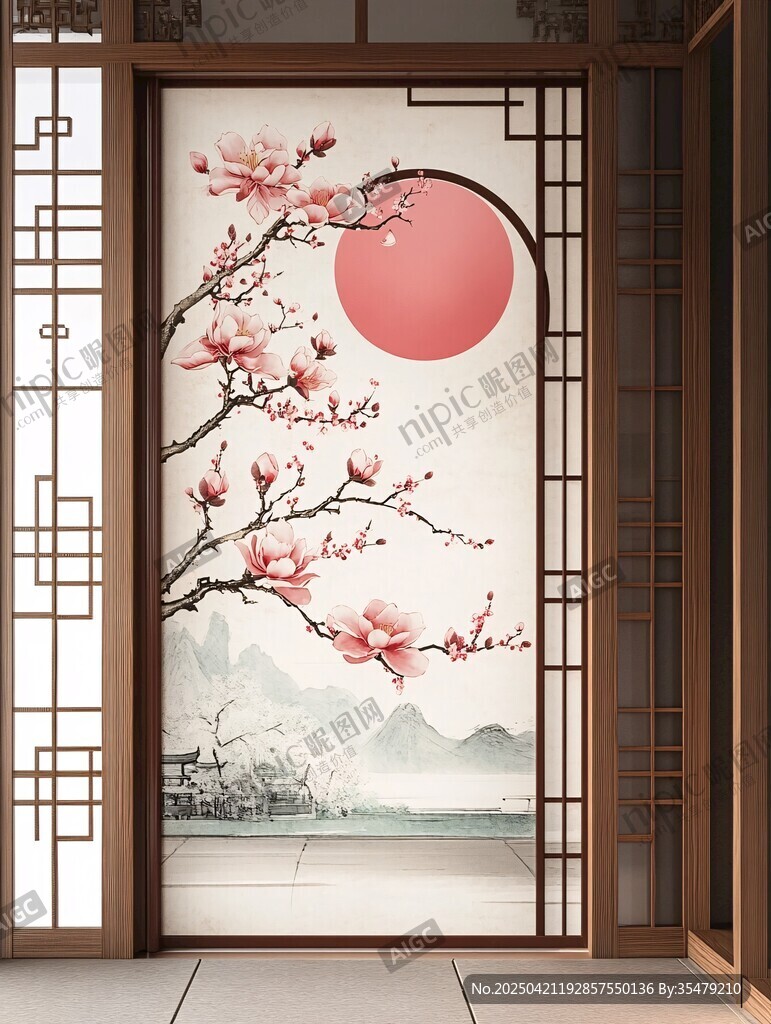 中式屏风上的唯美花鸟圆月图