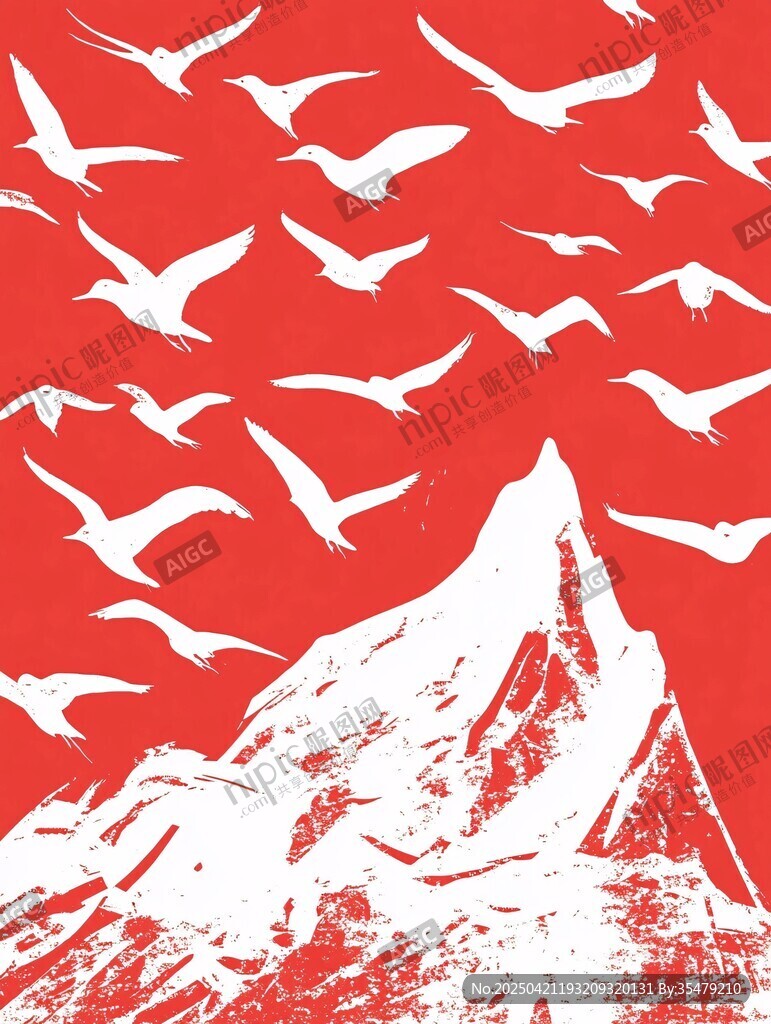 红底飞鸟与山峰图案