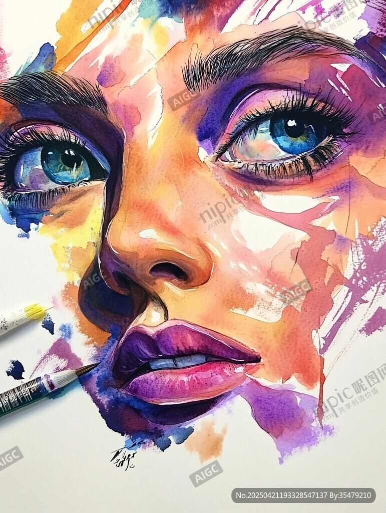 水彩绘就的梦幻女性面容