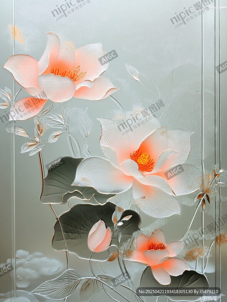 中式浮雕荷花装饰画
