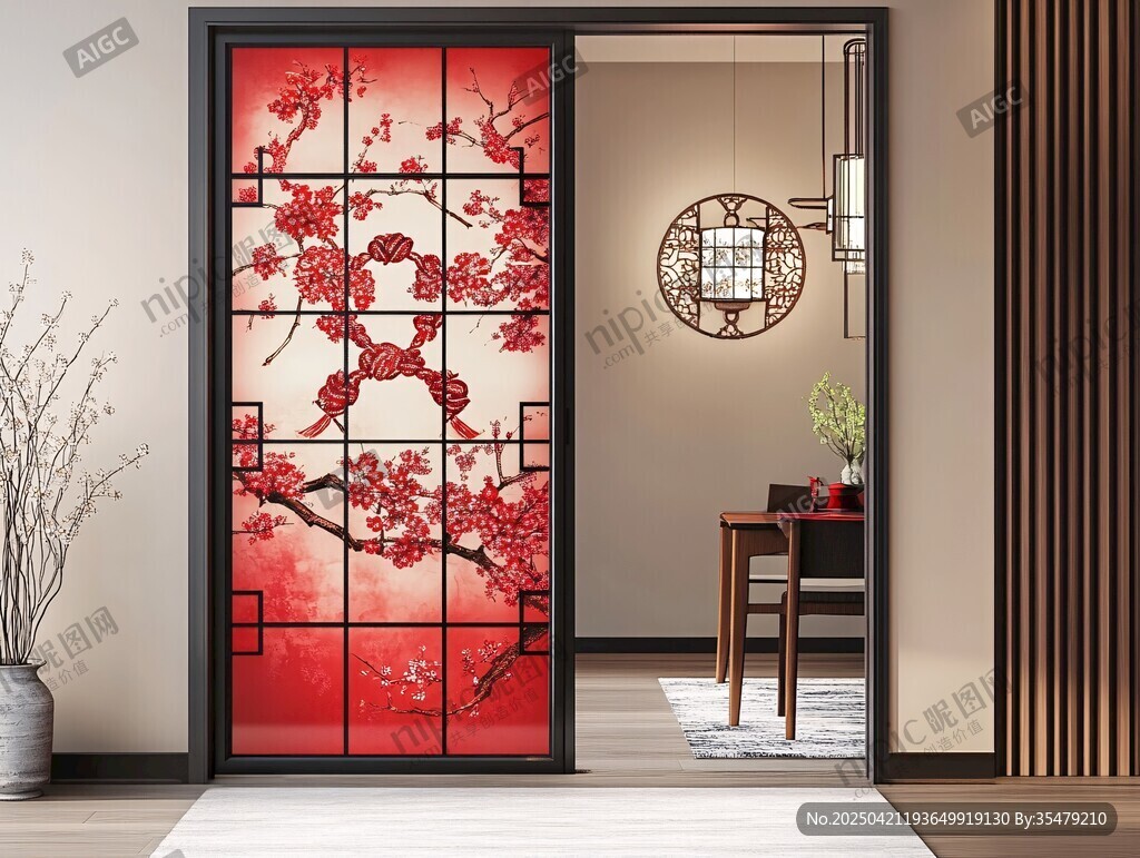 中式红梅花纹玻璃隔断门