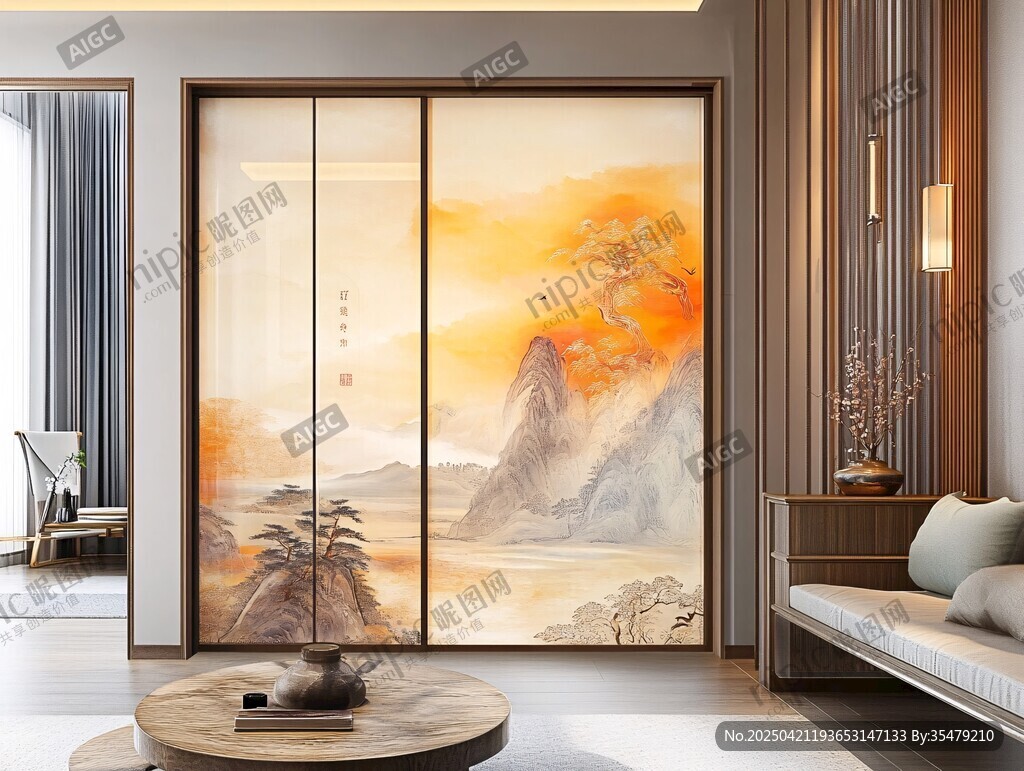 中式山水风玻璃隔断美韵