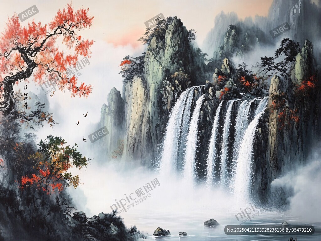 山水瀑布红叶绝美画卷