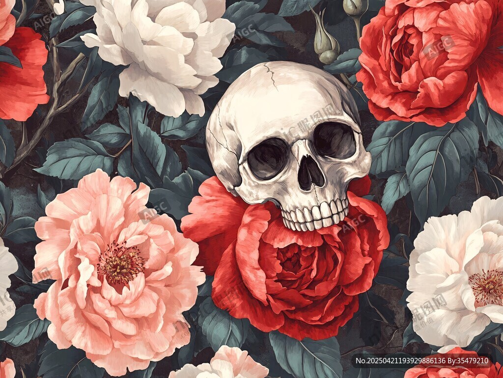 骷髅与繁花的奇幻图案