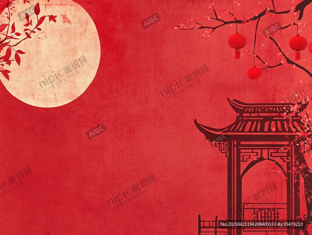 中式月夜亭景红色背景图