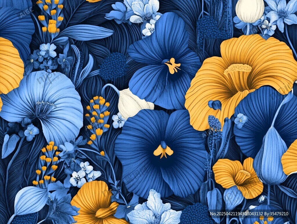 蓝黄花卉图案的绚丽世界