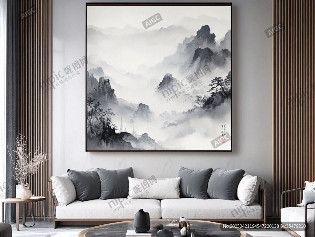 中式客厅的水墨山水挂画