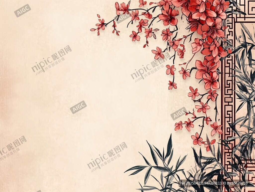 中式花卉竹景典雅背景图