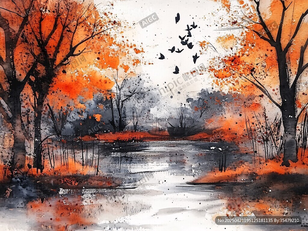 秋日河畔水彩风景画