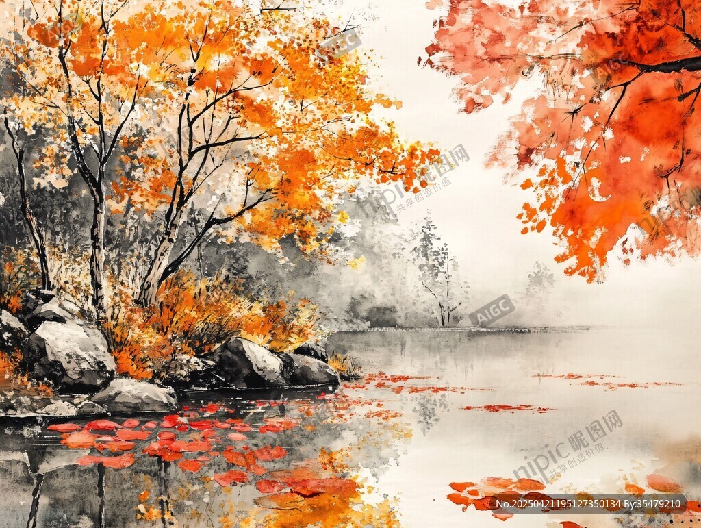 秋景水墨 湖畔红叶飘零图