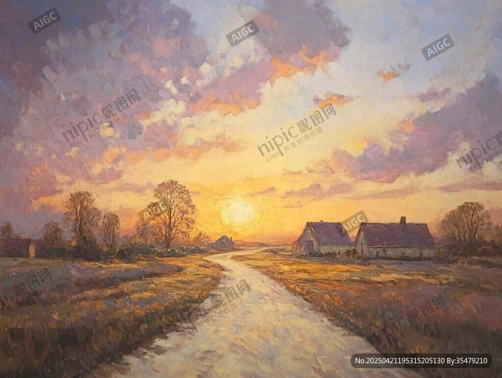 乡村黄昏小路油画风景