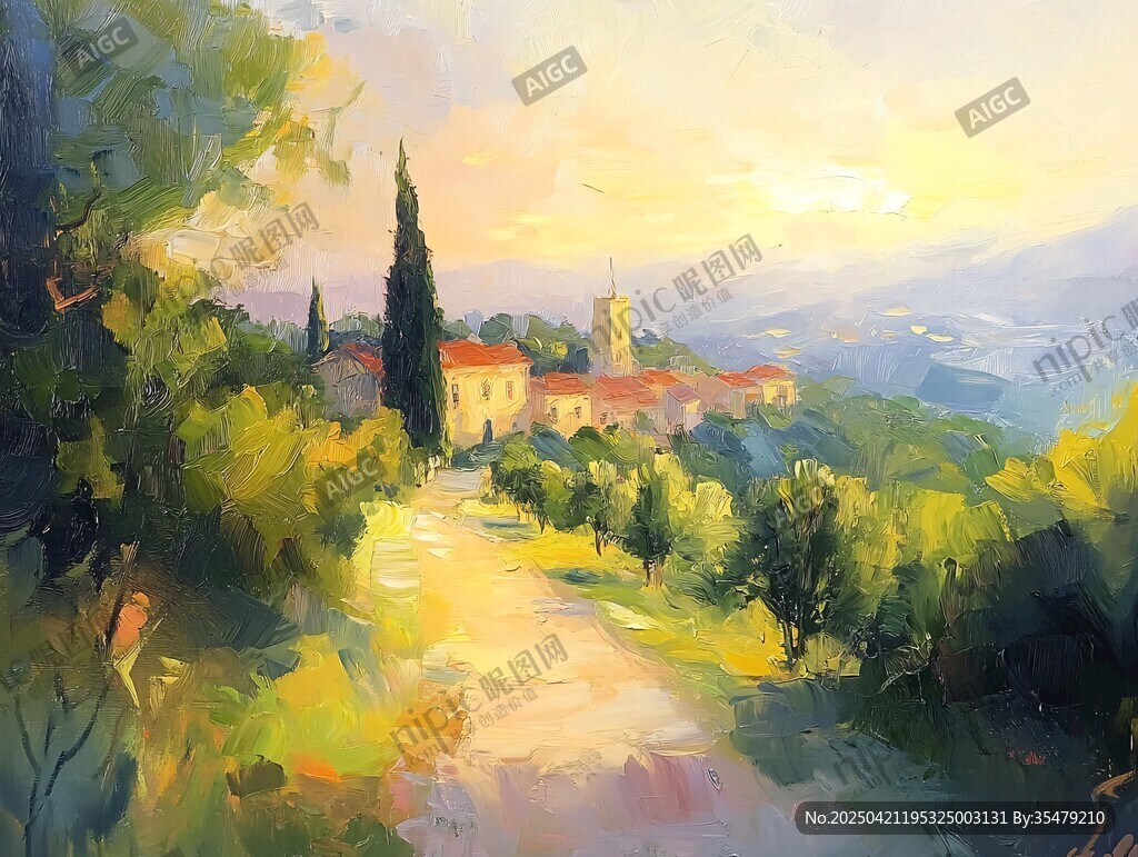 黄昏下的山间村庄美景
