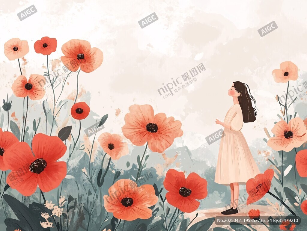 女孩漫步于绚烂花海间