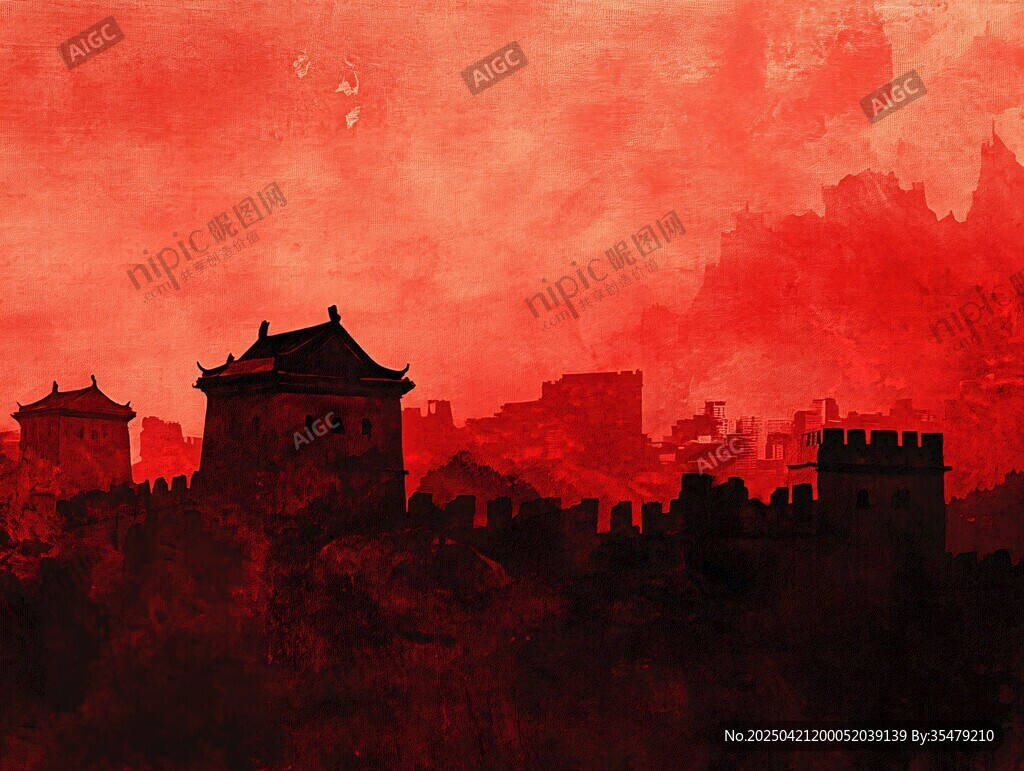 红色古韵城墙剪影图