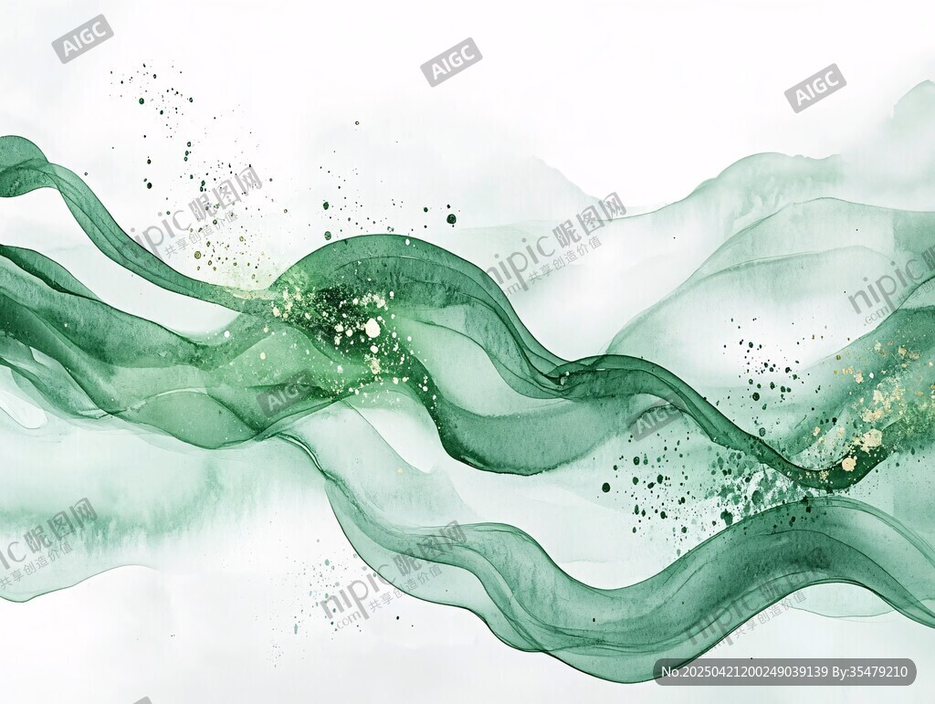墨绿飘带抽象水墨意境图