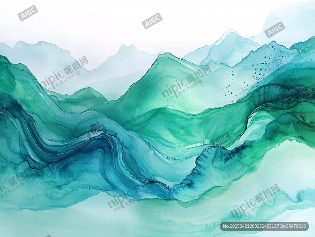 水墨风格青绿山水意境图