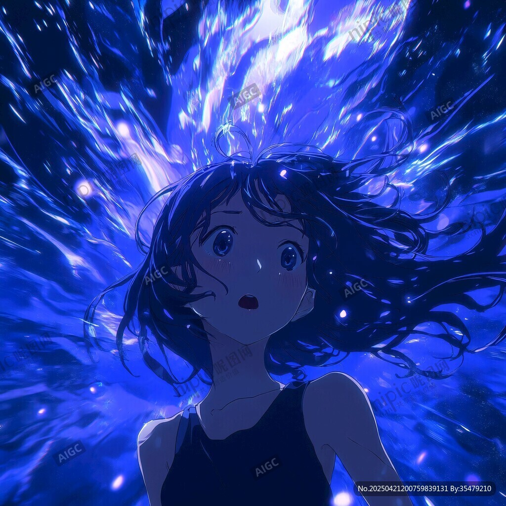 梦幻蓝调下的动漫少女