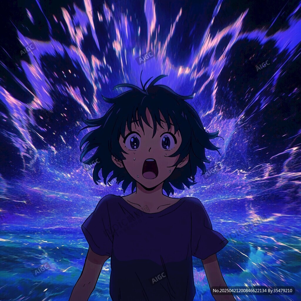 女孩惊望绚烂奇幻光影
