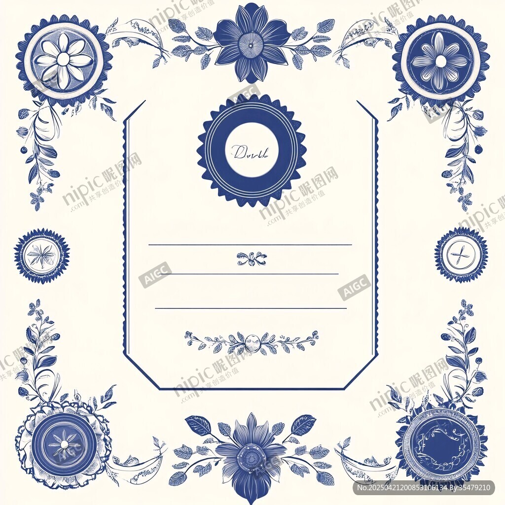 蓝白花卉装饰边框设计元素